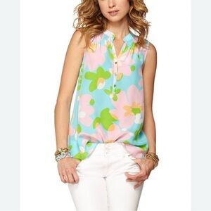 Lily Pulitzer Essie Silk Top, Pink, Green & Blue Floral Sleeveless, Sz XS